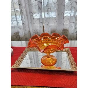 Vintage Viking Georgian Compote, Ruffled Large Persimmon Orange Art Glass Bowl